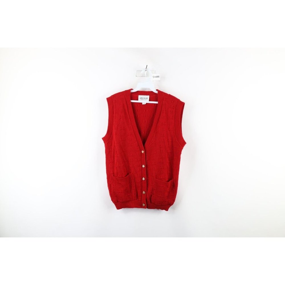 Vtg 90s Streetwear Womens Medium Kurt Cobain Knit Cardigan Sweater Vest USA Red